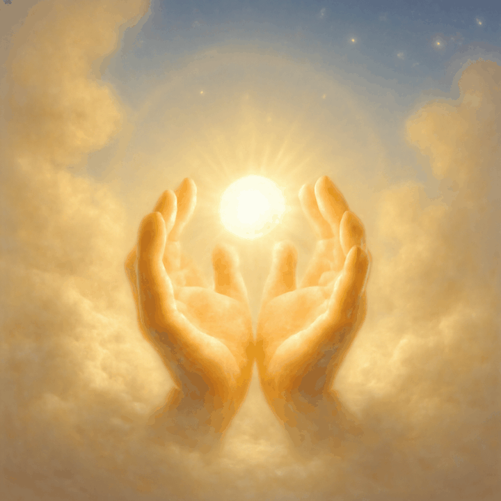 Hands of golden light holding a radiant sphere